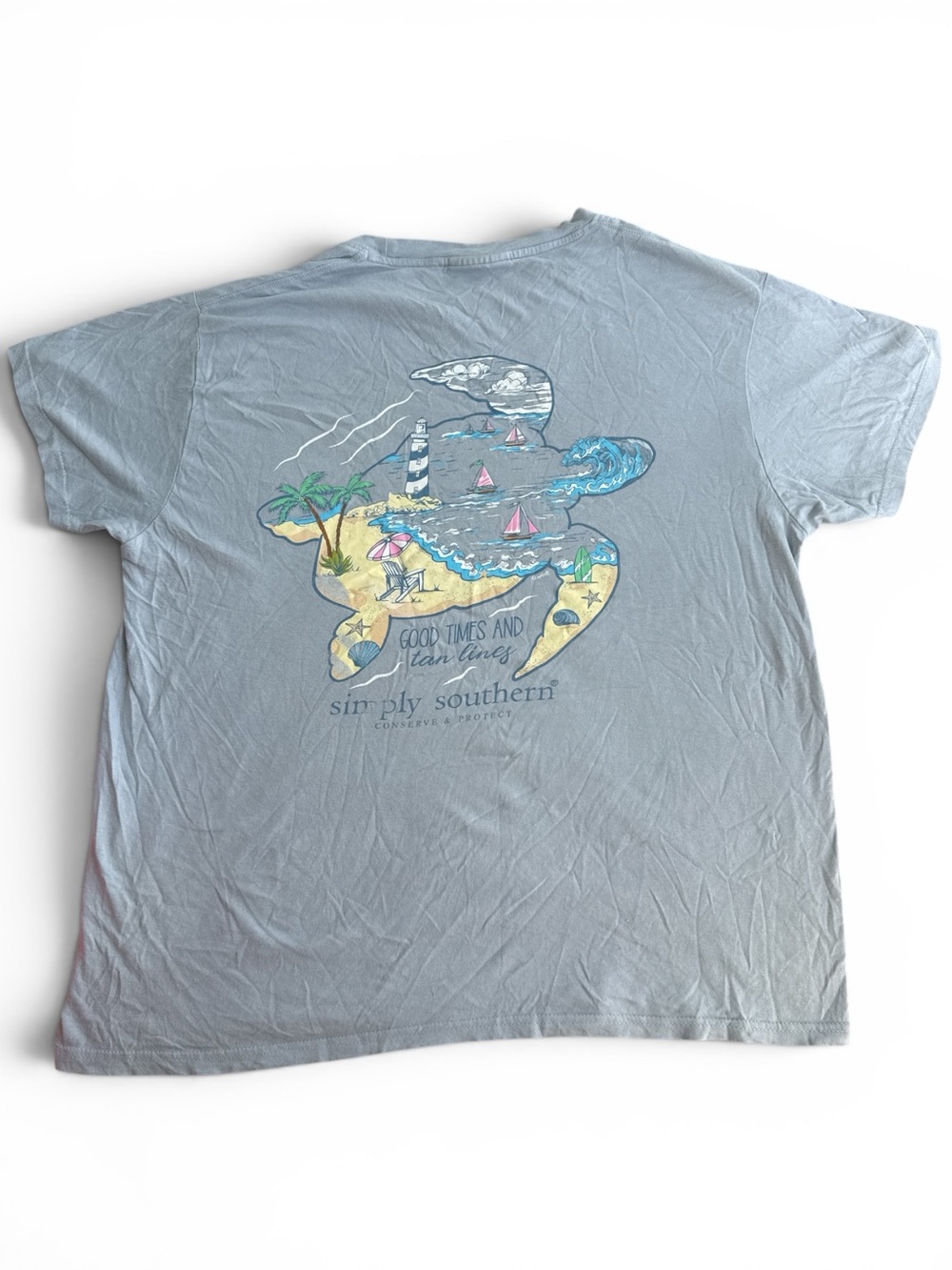 Simply Southern Light Blue Turtle Coastal Graphic Tee – Size Large